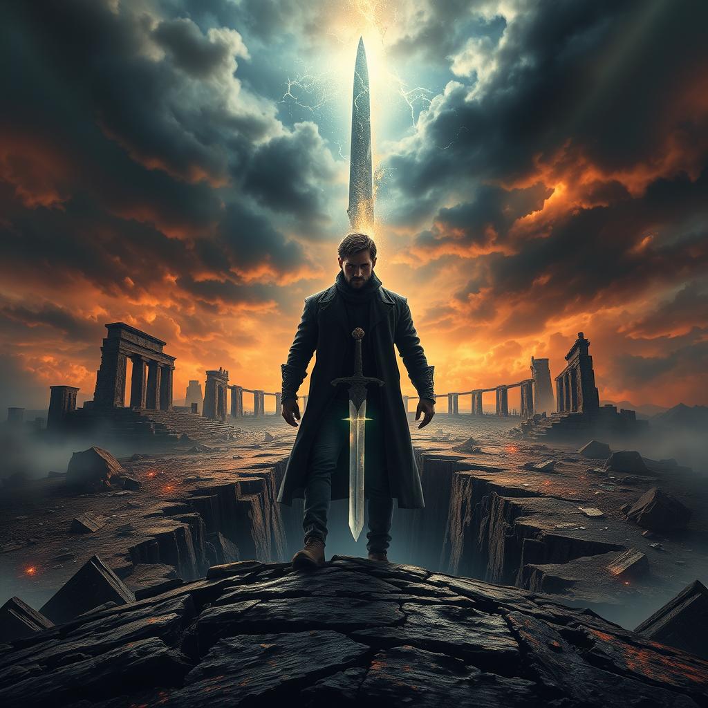 An evocative book cover featuring a man standing resolutely in front of a massive crack in the ground, gripping a dagger that glows faintly in his hand