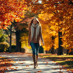 A woman gracefully walking through a scene filled with vibrant autumn leaves swirling around her