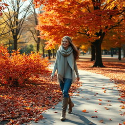 A woman gracefully walking through a scene filled with vibrant autumn leaves swirling around her