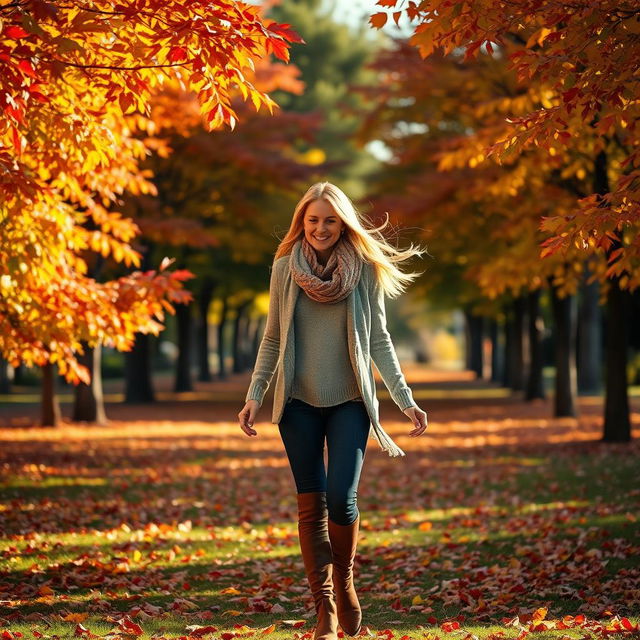 A woman gracefully walking through a scene filled with vibrant autumn leaves swirling around her