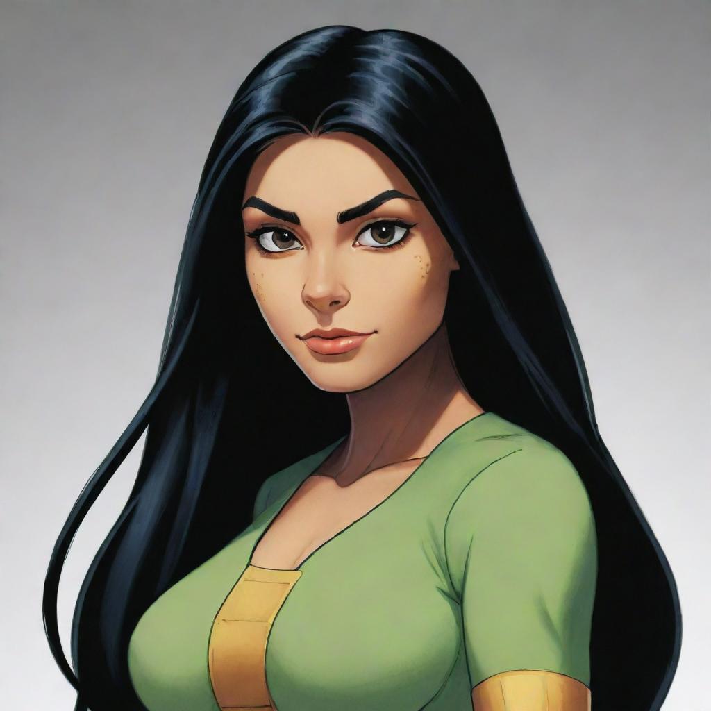 A girl with long black hair and honey-colored eyes, drawn in the distinctive style of Rise of the Teenage Mutant Ninja Turtles.