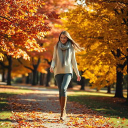 A woman gracefully walking through a scene filled with vibrant autumn leaves swirling around her