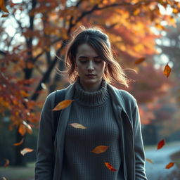 A sad woman walking through a scene filled with autumn leaves swirling around her