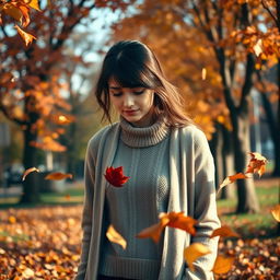 A sad woman walking through a scene filled with autumn leaves swirling around her