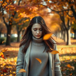 A sad woman walking through a scene filled with autumn leaves swirling around her