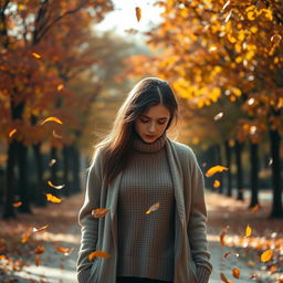 A sad woman walking through a scene filled with autumn leaves swirling around her