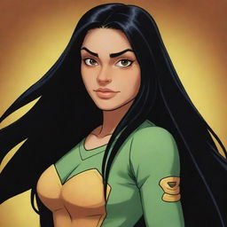 A girl with long black hair and honey-colored eyes, drawn in the distinctive style of Rise of the Teenage Mutant Ninja Turtles.