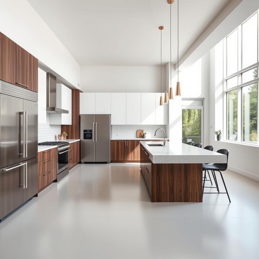 A sleek modern kitchen featuring an open floor plan with a large island in the center, stainless steel appliances, minimalist cabinetry in white and dark wood, and a beautiful quartz countertop