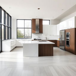 A sleek modern kitchen featuring an open floor plan with a large island in the center, stainless steel appliances, minimalist cabinetry in white and dark wood, and a beautiful quartz countertop