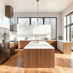 A sleek modern kitchen featuring an open floor plan with a large island in the center, stainless steel appliances, minimalist cabinetry in white and dark wood, and a beautiful quartz countertop