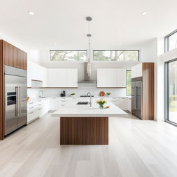 A sleek modern kitchen featuring an open floor plan with a large island in the center, stainless steel appliances, minimalist cabinetry in white and dark wood, and a beautiful quartz countertop