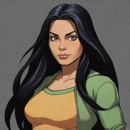 A girl with long black hair and honey-colored eyes, drawn in the distinctive style of Rise of the Teenage Mutant Ninja Turtles.