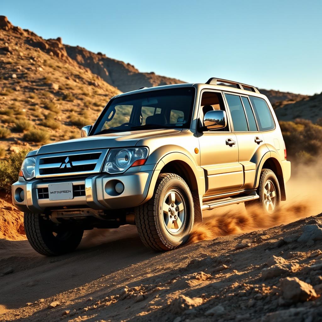 A dynamic shot of a Mitsubishi Pajero 3000 V6 4WD vehicle, showcasing its rugged and robust design as it navigates through an off-road terrain