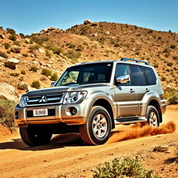 A dynamic shot of a Mitsubishi Pajero 3000 V6 4WD vehicle, showcasing its rugged and robust design as it navigates through an off-road terrain