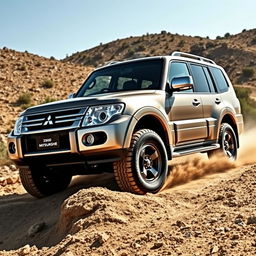 A dynamic shot of a Mitsubishi Pajero 3000 V6 4WD vehicle, showcasing its rugged and robust design as it navigates through an off-road terrain