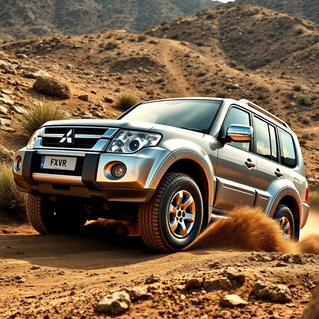 A dynamic shot of a Mitsubishi Pajero 3000 V6 4WD vehicle, showcasing its rugged and robust design as it navigates through an off-road terrain