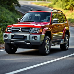 A creative blend of a Mitsubishi Pajero 3000 V6 and a Volkswagen Golf GTI 2005, showcasing an innovative vehicle that combines the rugged capabilities of an SUV with the sporty essence of a hatchback