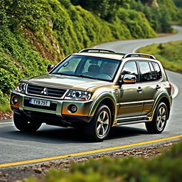 A creative blend of a Mitsubishi Pajero 3000 V6 and a Volkswagen Golf GTI 2005, showcasing an innovative vehicle that combines the rugged capabilities of an SUV with the sporty essence of a hatchback