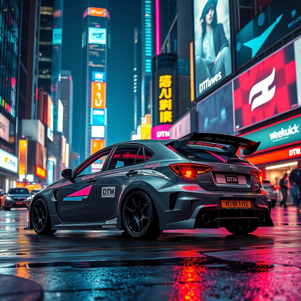 A sleek, gray 2004 Daewoo Kalos hatchback, styled in a DTM (Deutsche Tourenwagen Masters) racing theme, parked in a vibrant cyberpunk city at night