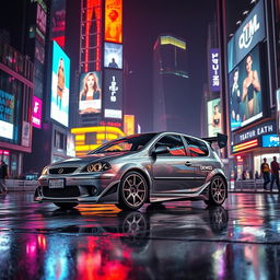 A sleek, gray 2004 Daewoo Kalos hatchback, styled in a DTM (Deutsche Tourenwagen Masters) racing theme, parked in a vibrant cyberpunk city at night