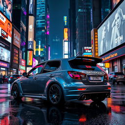 A sleek, gray 2004 Daewoo Kalos hatchback, styled in a DTM (Deutsche Tourenwagen Masters) racing theme, parked in a vibrant cyberpunk city at night