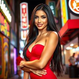 A stunning hot Latina woman standing confidently, with long flowing black hair cascading down her shoulders, wearing a stylish, form-fitting red dress that accentuates her curves