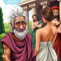 A vibrant and humorous caricature-style poster inspired by Greco-Roman theater, featuring an old, decrepit Greek man with a mischievous smile, gazing at a young and beautiful slender Greek woman who is turned away with her back to the viewer, keeping her face hidden