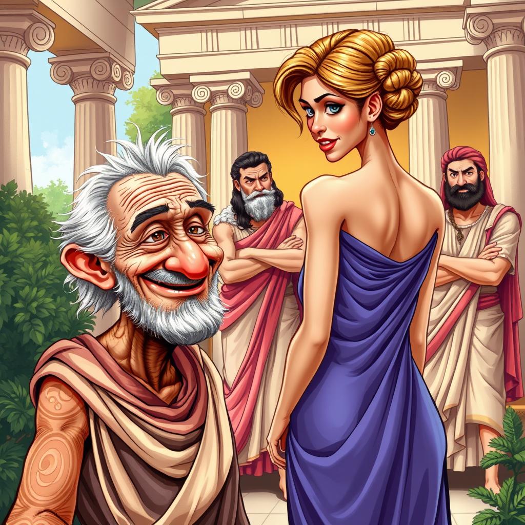 A vibrant and humorous caricature-style poster inspired by Greco-Roman theater, featuring an old, decrepit Greek man with a mischievous smile, gazing at a young and beautiful slender Greek woman who is turned away with her back to the viewer, keeping her face hidden