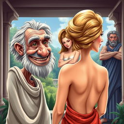 A vibrant and humorous caricature-style poster inspired by Greco-Roman theater, featuring an old, decrepit Greek man with a mischievous smile, gazing at a young and beautiful slender Greek woman who is turned away with her back to the viewer, keeping her face hidden