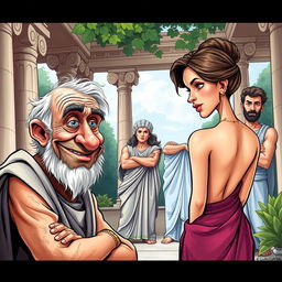 A vibrant and humorous caricature-style poster inspired by Greco-Roman theater, featuring an old, decrepit Greek man with a mischievous smile, gazing at a young and beautiful slender Greek woman who is turned away with her back to the viewer, keeping her face hidden