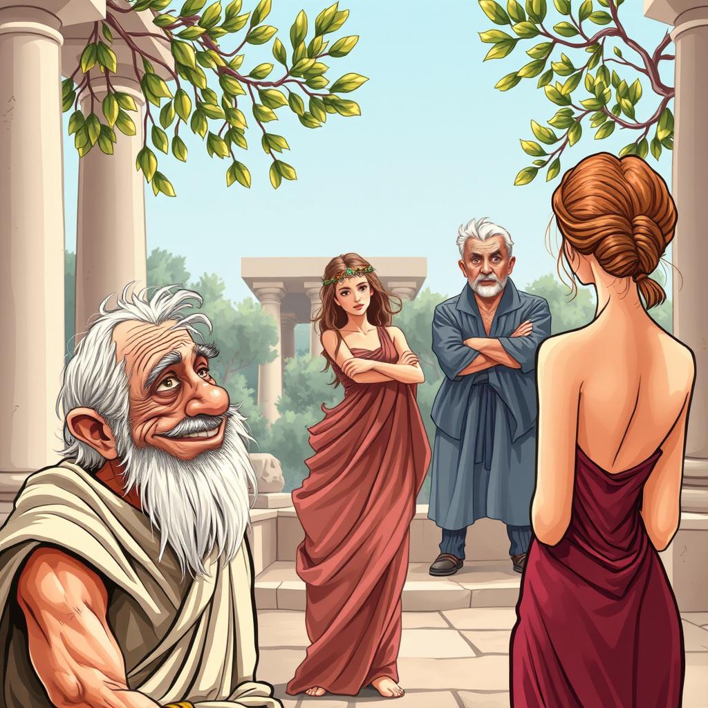 A caricature style poster depicting a scene from ancient Greek comedy