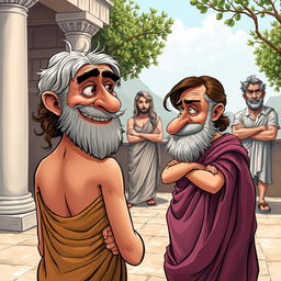 A caricature style poster depicting a scene from ancient Greek comedy