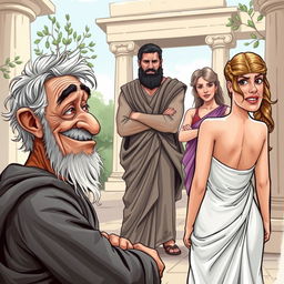 A caricature style poster depicting a scene from ancient Greek comedy