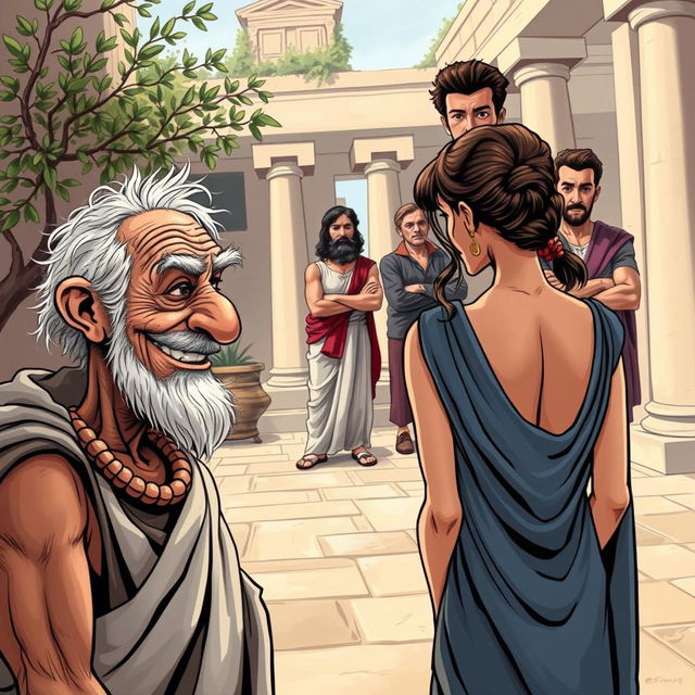 A caricature style poster depicting a scene from ancient Greek comedy