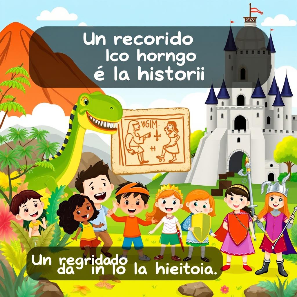 A vibrant and colorful illustration for a teaching program cover aimed at 5-year-olds, showcasing elements of various historical periods