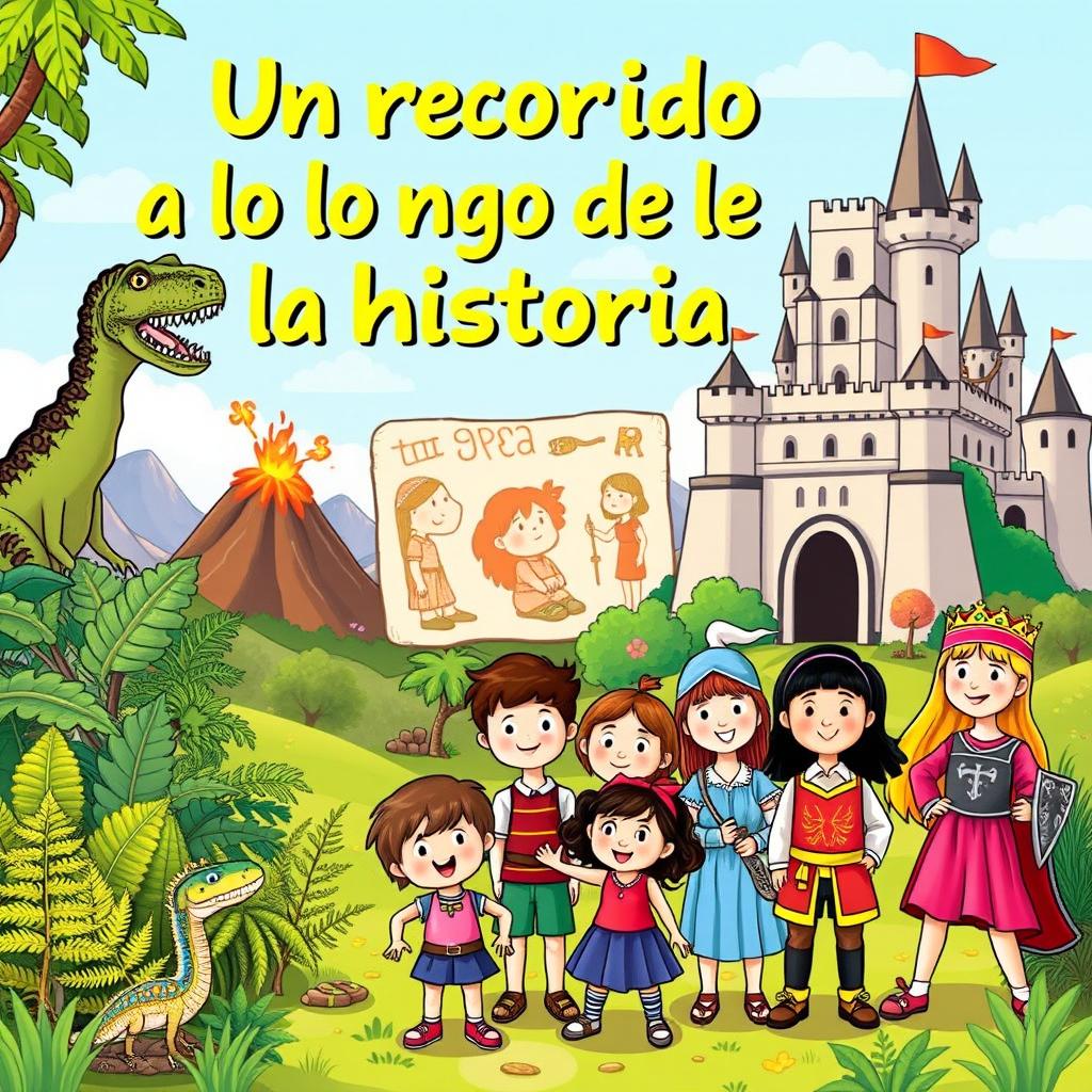 A vibrant and colorful illustration for a teaching program cover aimed at 5-year-olds, showcasing elements of various historical periods