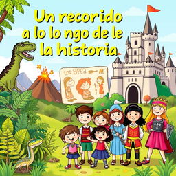 A vibrant and colorful illustration for a teaching program cover aimed at 5-year-olds, showcasing elements of various historical periods