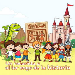 A vibrant and colorful illustration for a teaching program cover aimed at 5-year-olds, showcasing elements of various historical periods