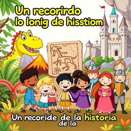 A vibrant and colorful illustration for a teaching program cover aimed at 5-year-olds, showcasing elements of various historical periods