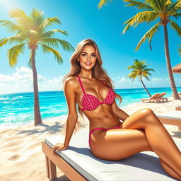 A realistic depiction of a hot woman in a stylish bikini, lounging on a sunbed by the beach, with a vibrant blue ocean in the background