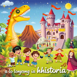 An enchanting and delightful illustration for a teaching program cover aimed at 5-year-olds, featuring a beautifully crafted scene that encompasses various historical periods in a whimsical style