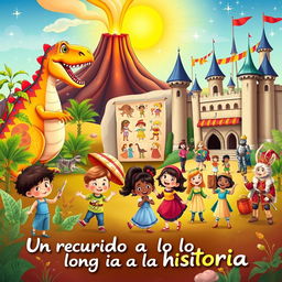 An enchanting and delightful illustration for a teaching program cover aimed at 5-year-olds, featuring a beautifully crafted scene that encompasses various historical periods in a whimsical style