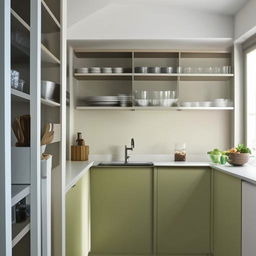 Compact but roomy double shelving units, not touching the ceiling, perfectly suited for an L-shaped kitchen.