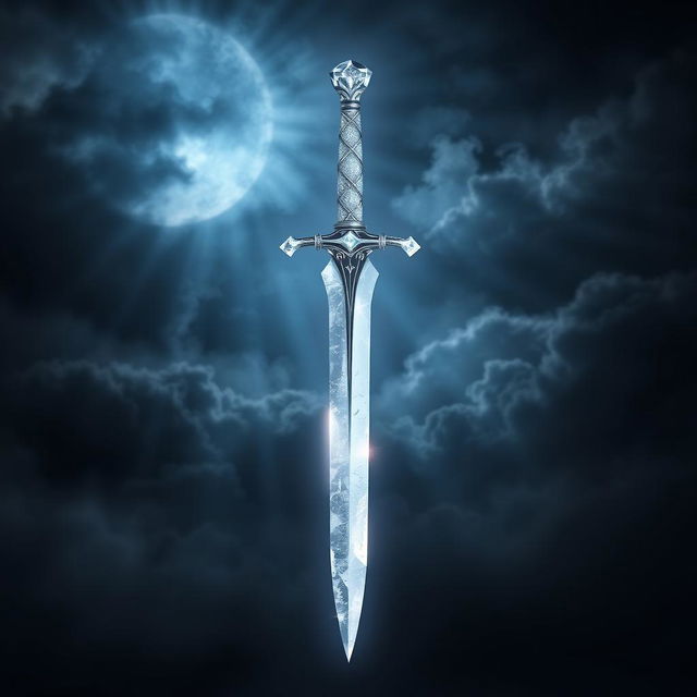 An enchanting book cover featuring a dagger with a hilt made of shimmering ice diamonds, appearing to slice through a dark, cloudy sky