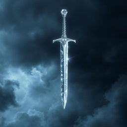 An enchanting book cover featuring a dagger with a hilt made of shimmering ice diamonds, appearing to slice through a dark, cloudy sky