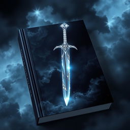 An enchanting book cover featuring a dagger with a hilt made of shimmering ice diamonds, appearing to slice through a dark, cloudy sky