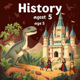 An engaging and beautifully illustrated cover design for a teaching program on history for children aged 5, focusing on themes like prehistory, dinosaurs, the medieval period, and strong women throughout history