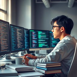 A scene in a modern office setting where a computer programmer is working intently on a computer