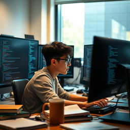 A scene in a modern office setting where a computer programmer is working intently on a computer