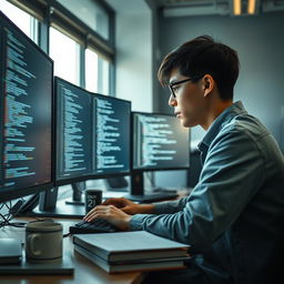 A scene in a modern office setting where a computer programmer is working intently on a computer